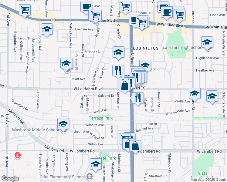 map of restaurants, bars, coffee shops, grocery stores, and more near 2220 West La Habra Boulevard in La Habra