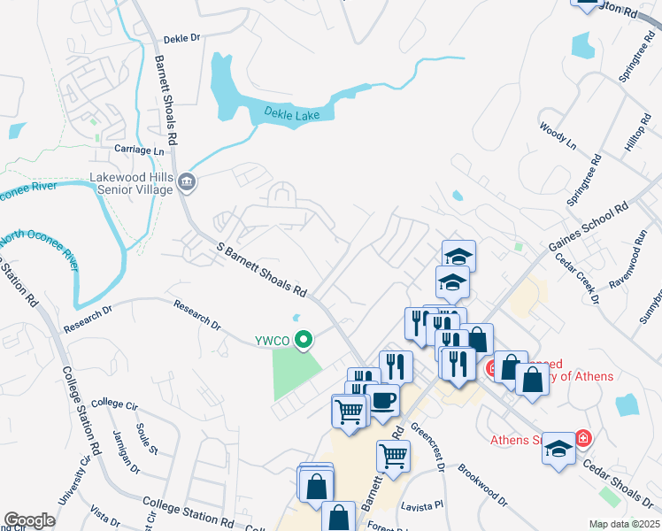 map of restaurants, bars, coffee shops, grocery stores, and more near 158 Park Ridge Place in Athens