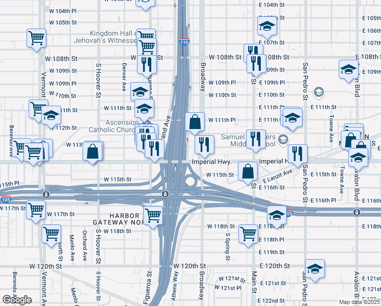 map of restaurants, bars, coffee shops, grocery stores, and more near 11310 South Olive Street in Los Angeles