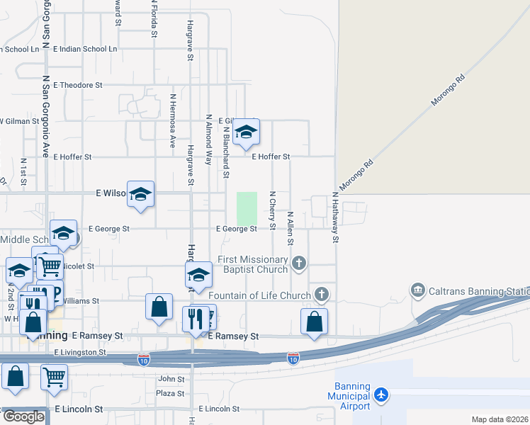 map of restaurants, bars, coffee shops, grocery stores, and more near 685 North Cherry Street in Banning
