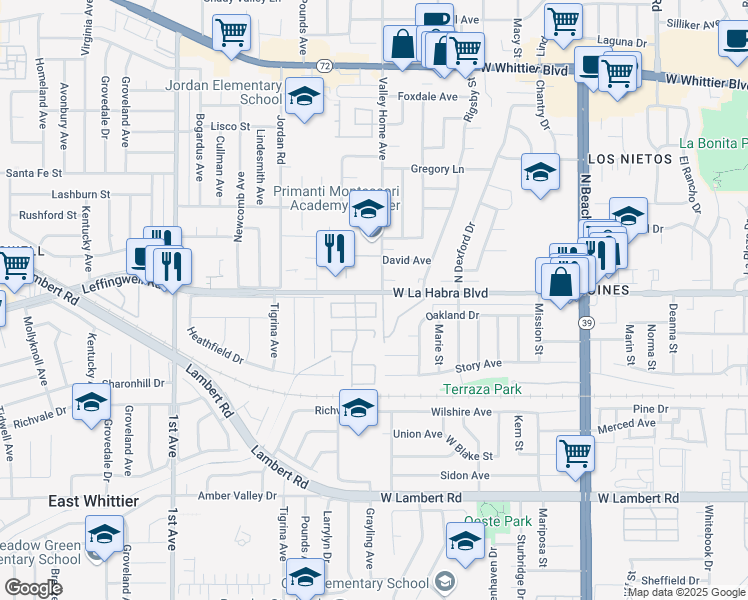 map of restaurants, bars, coffee shops, grocery stores, and more near 16621 Crape Myrtle Lane in Whittier