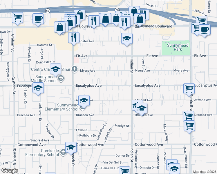 map of restaurants, bars, coffee shops, grocery stores, and more near 24295 Eucalyptus Avenue in Moreno Valley