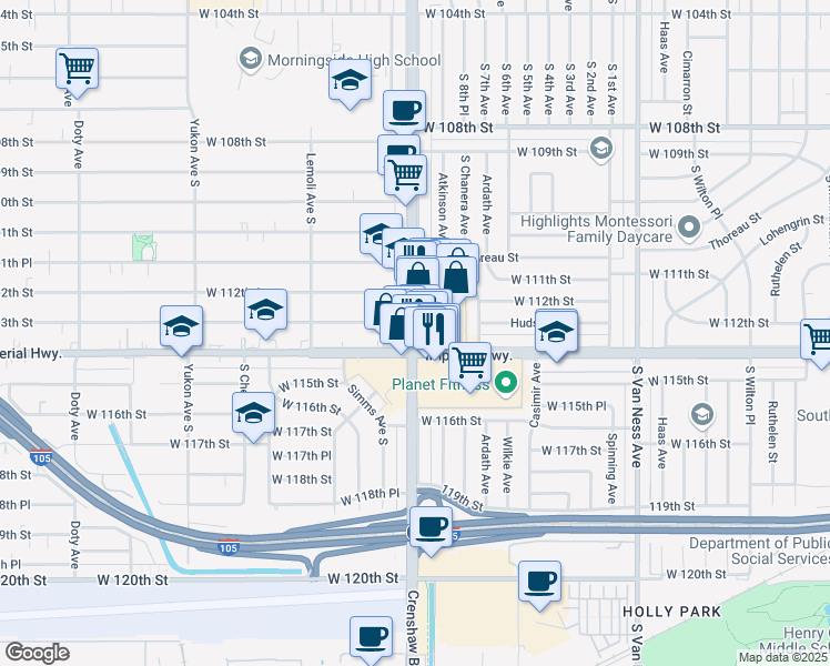 map of restaurants, bars, coffee shops, grocery stores, and more near 11336 Crenshaw Boulevard in Inglewood