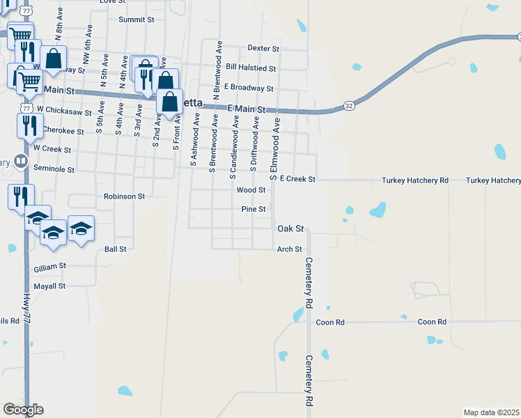 map of restaurants, bars, coffee shops, grocery stores, and more near 454 Pine Street in Marietta