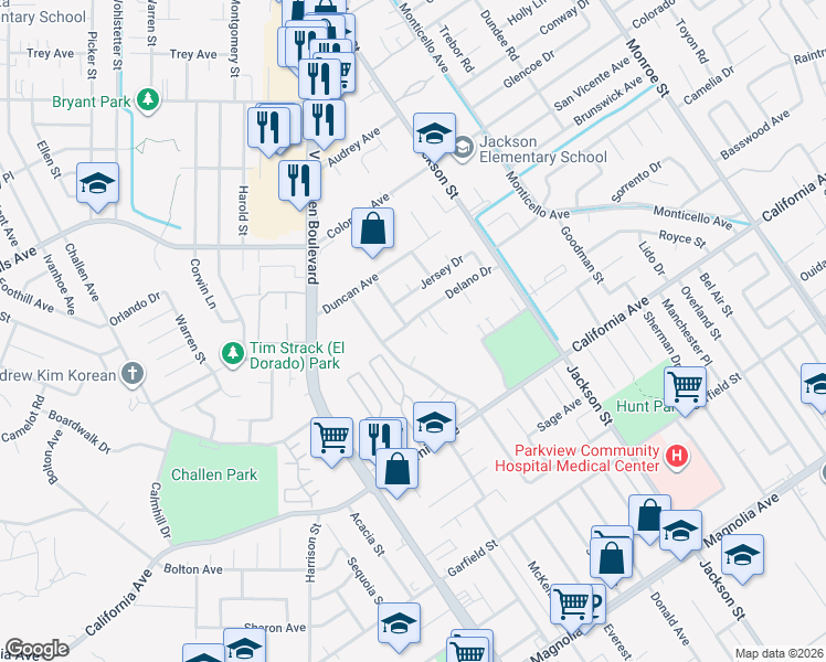 map of restaurants, bars, coffee shops, grocery stores, and more near 9282 Delano Drive in Riverside
