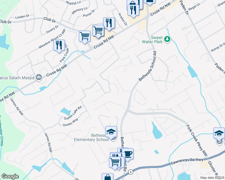 map of restaurants, bars, coffee shops, grocery stores, and more near 2780 Avalon Meadows Lane in Lawrenceville