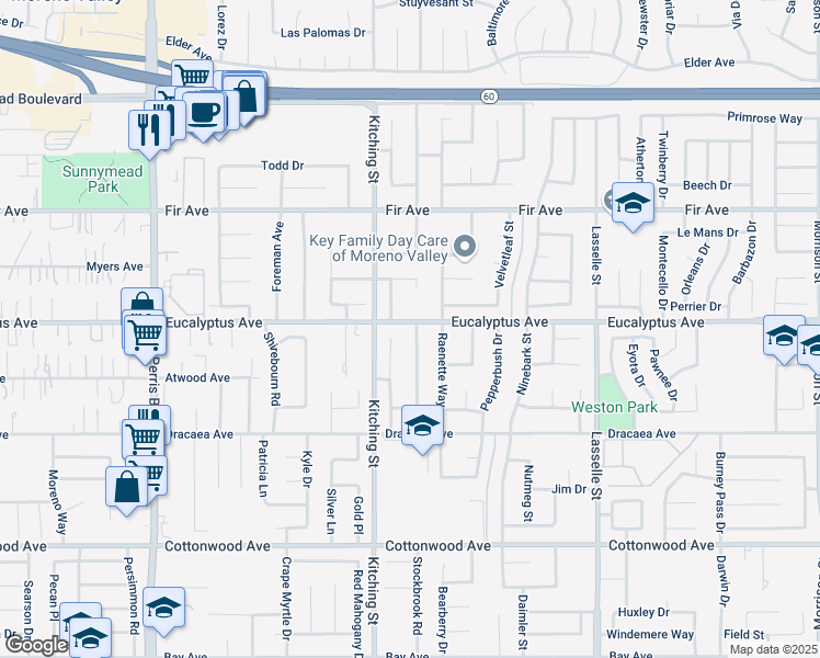 map of restaurants, bars, coffee shops, grocery stores, and more near 13005 Sweetspice Street in Moreno Valley
