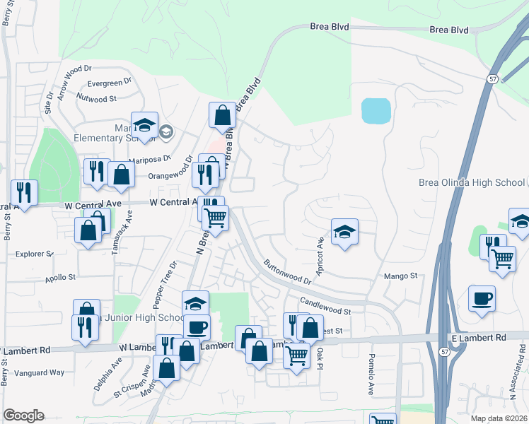 map of restaurants, bars, coffee shops, grocery stores, and more near 338 Blossom Place in Brea