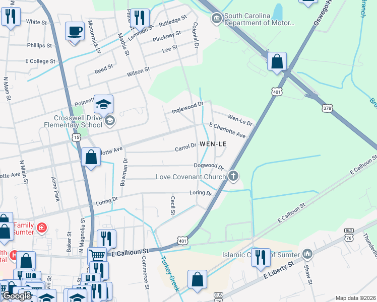 map of restaurants, bars, coffee shops, grocery stores, and more near 64 Carrol Drive in Sumter
