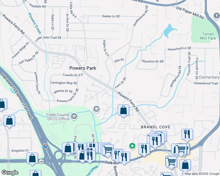 map of restaurants, bars, coffee shops, grocery stores, and more near 703 Hanover Lane Southeast in Marietta