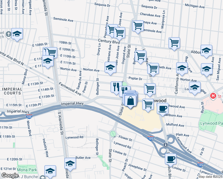 map of restaurants, bars, coffee shops, grocery stores, and more near 2955 Oakwood Avenue in Lynwood