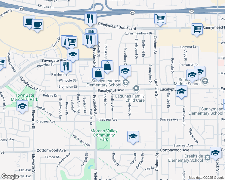 map of restaurants, bars, coffee shops, grocery stores, and more near 23200 Eucalyptus Avenue in Moreno Valley