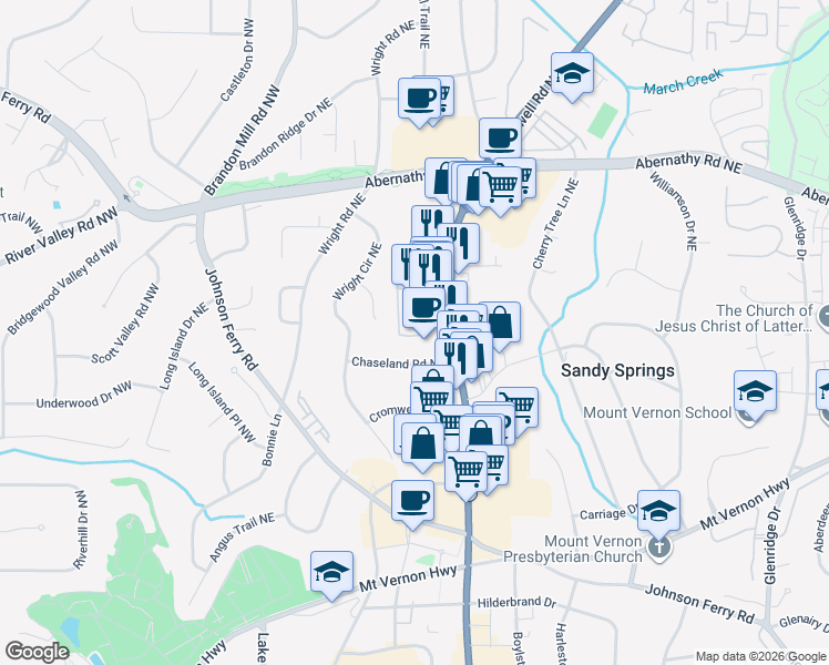 map of restaurants, bars, coffee shops, grocery stores, and more near 6520 Roswell Road Northeast in Atlanta