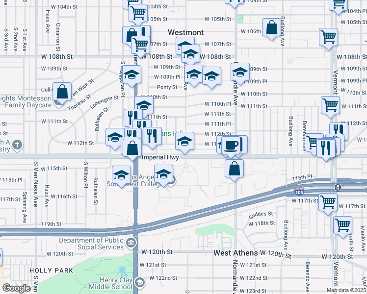map of restaurants, bars, coffee shops, grocery stores, and more near 1602 West 113th Street in Los Angeles