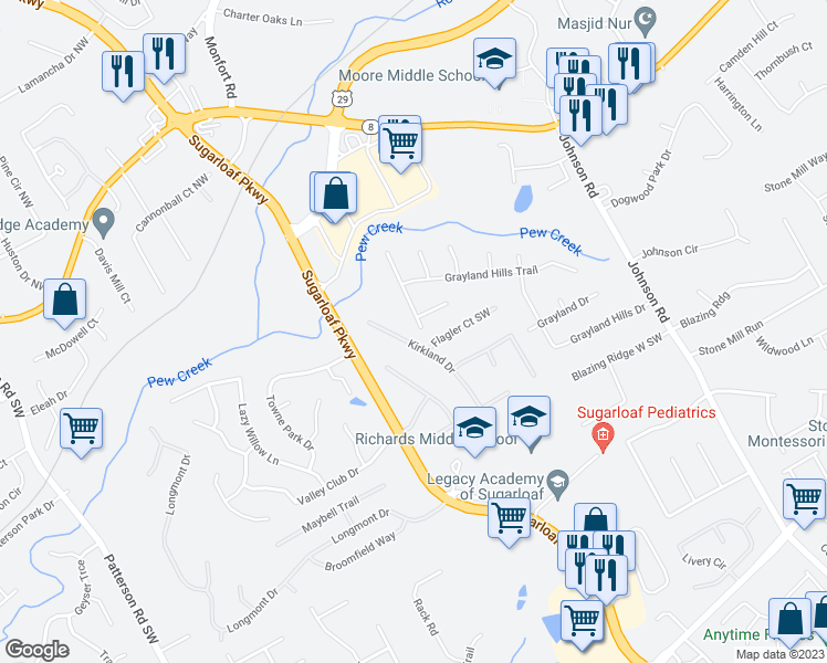 map of restaurants, bars, coffee shops, grocery stores, and more near 245 Grayland Creek Drive in Lawrenceville