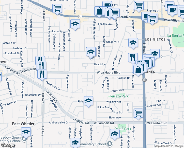 map of restaurants, bars, coffee shops, grocery stores, and more near 16621 Crape Myrtle Lane in Whittier