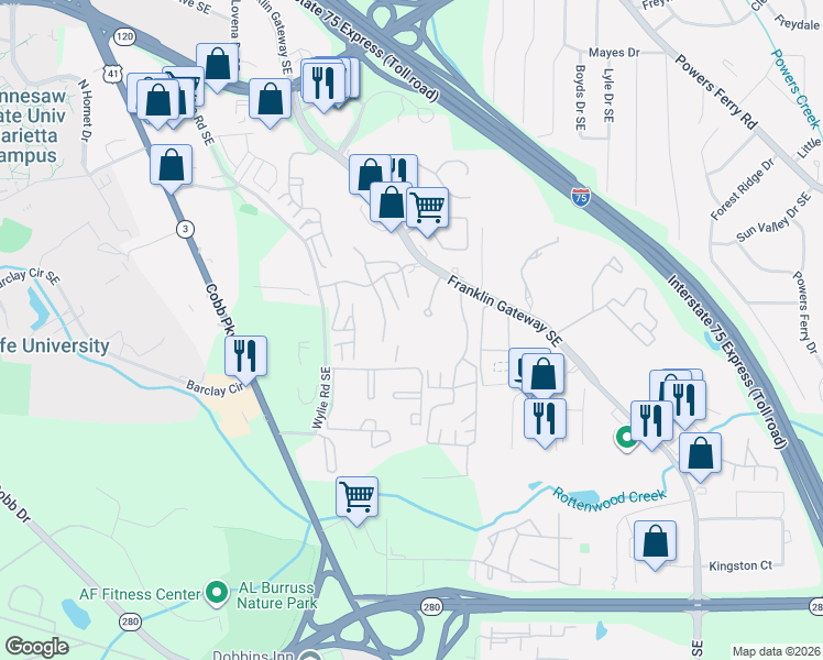 map of restaurants, bars, coffee shops, grocery stores, and more near 730 Franklin Gateway Southeast in Marietta