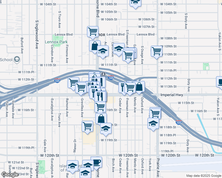 map of restaurants, bars, coffee shops, grocery stores, and more near 4257 West Imperial Highway in Inglewood