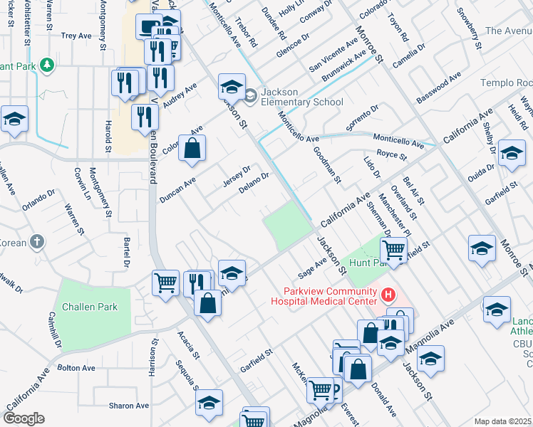 map of restaurants, bars, coffee shops, grocery stores, and more near 9217 Admiralty Avenue in Riverside