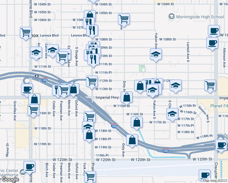 map of restaurants, bars, coffee shops, grocery stores, and more near 3844 West 113th Street in Inglewood