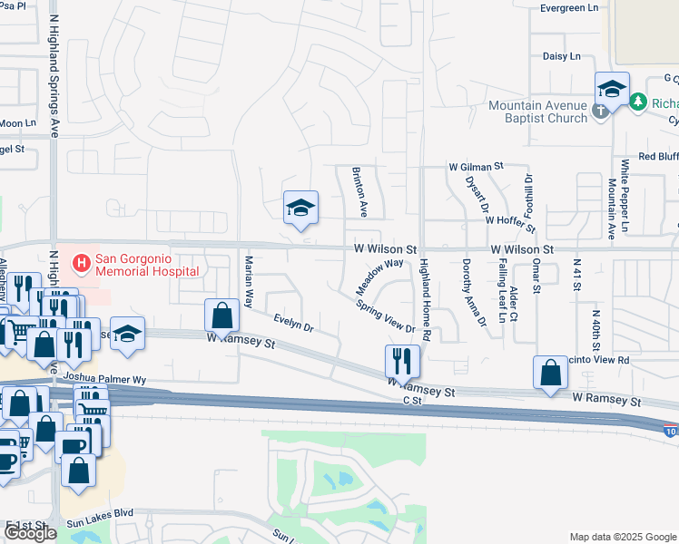 map of restaurants, bars, coffee shops, grocery stores, and more near 5289 Spring View Drive in Banning