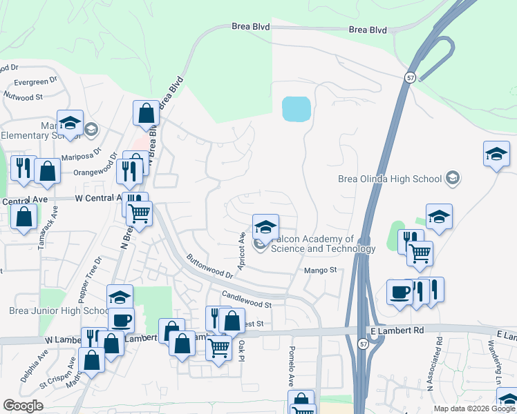 map of restaurants, bars, coffee shops, grocery stores, and more near 596 Bonita Canyon Way in Brea