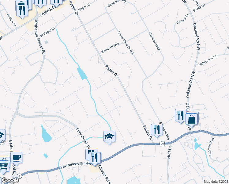 map of restaurants, bars, coffee shops, grocery stores, and more near 520 Roys Court in Lawrenceville