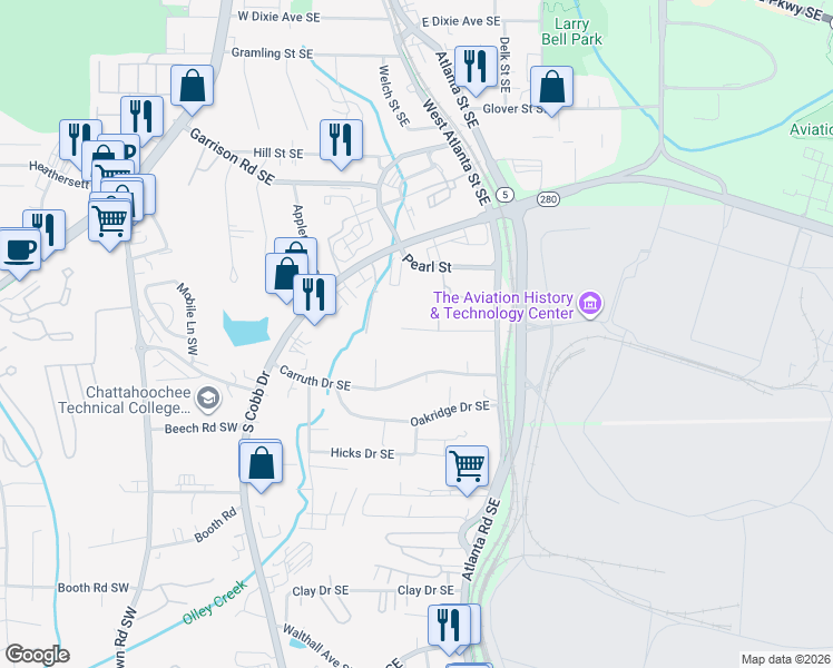 map of restaurants, bars, coffee shops, grocery stores, and more near 290-A-B Henry Street in Marietta