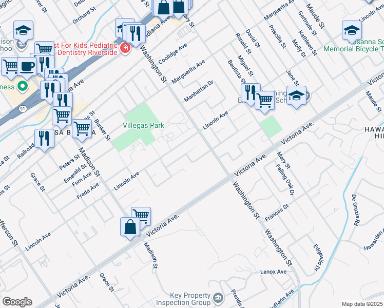 map of restaurants, bars, coffee shops, grocery stores, and more near 7160 Fiesta Avenue in Riverside