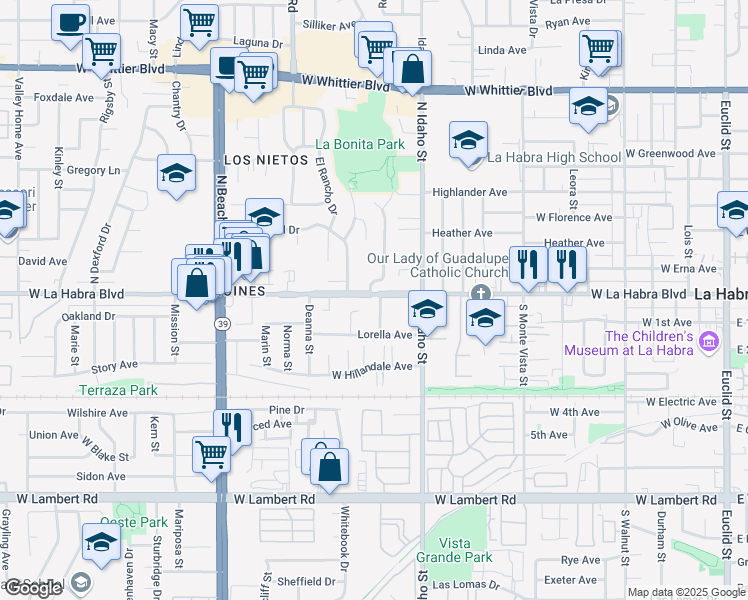 map of restaurants, bars, coffee shops, grocery stores, and more near 101 Colleen Street in La Habra
