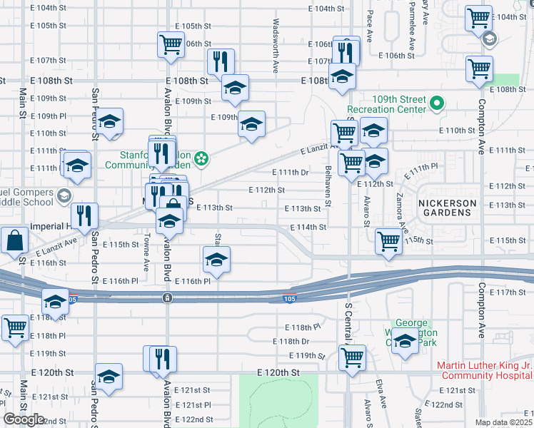map of restaurants, bars, coffee shops, grocery stores, and more near 826 East 113th Street in Los Angeles