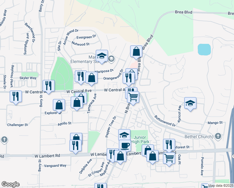 map of restaurants, bars, coffee shops, grocery stores, and more near 220 West Central Avenue in Brea