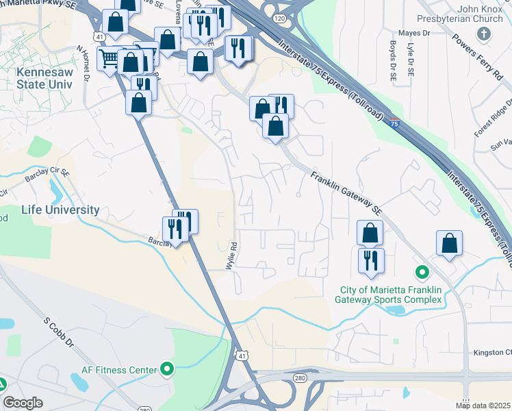 map of restaurants, bars, coffee shops, grocery stores, and more near 1801 Augusta Drive in Marietta