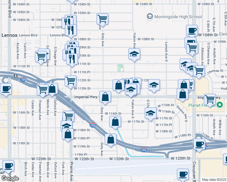 map of restaurants, bars, coffee shops, grocery stores, and more near 3714 West 113th Street in Inglewood