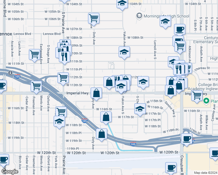 map of restaurants, bars, coffee shops, grocery stores, and more near 3666 West 113th Street in Inglewood