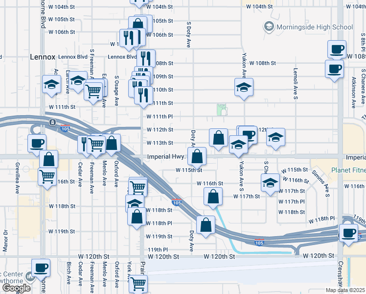 map of restaurants, bars, coffee shops, grocery stores, and more near 3844 West 113th Street in Inglewood