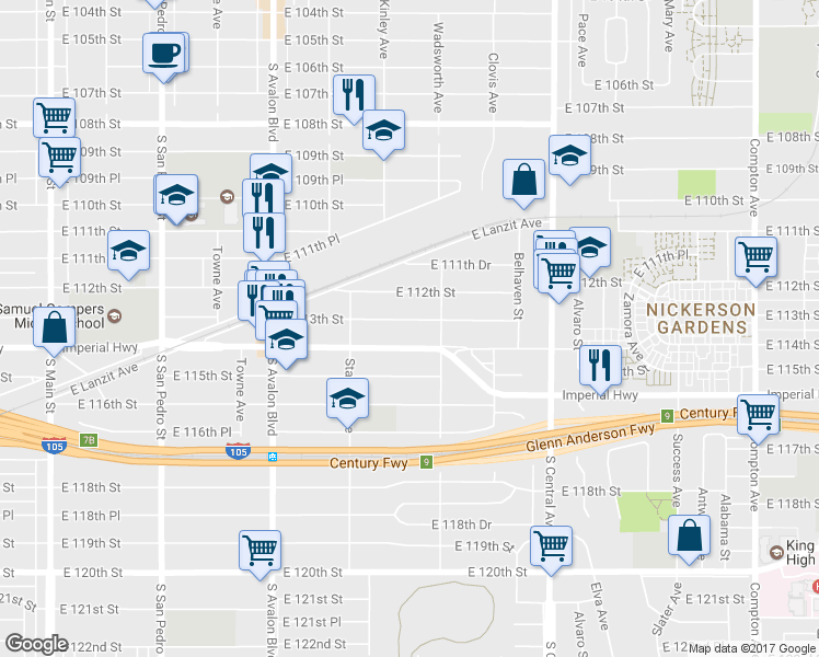 map of restaurants, bars, coffee shops, grocery stores, and more near 826 East 113th Street in Los Angeles