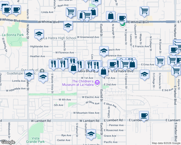 map of restaurants, bars, coffee shops, grocery stores, and more near 236 West La Habra Boulevard in La Habra