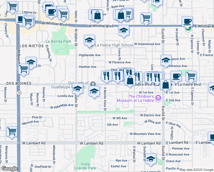 map of restaurants, bars, coffee shops, grocery stores, and more near 780 West La Habra Boulevard in La Habra