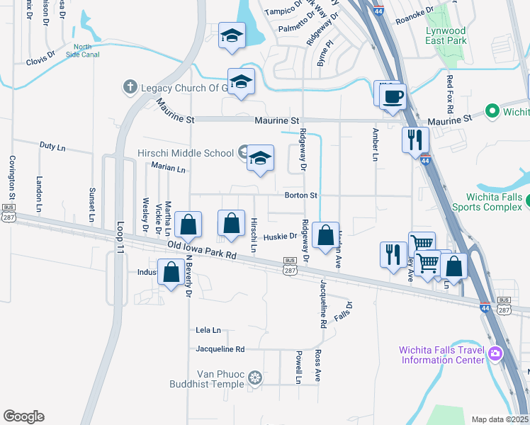 map of restaurants, bars, coffee shops, grocery stores, and more near 3016 Spearman Drive in Wichita Falls