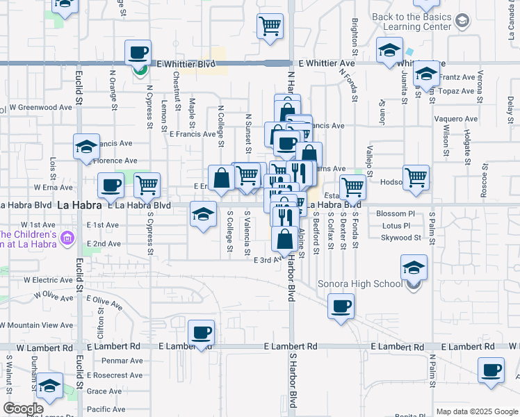 map of restaurants, bars, coffee shops, grocery stores, and more near 950 East La Habra Boulevard in La Habra