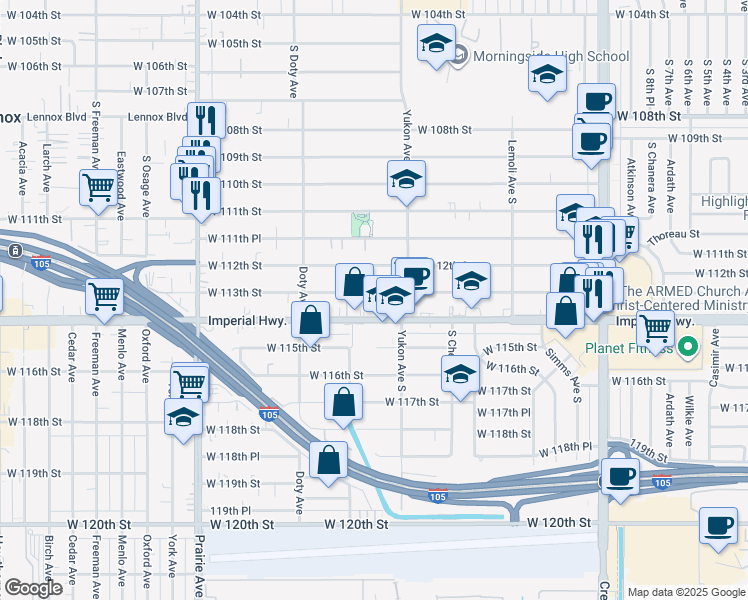 map of restaurants, bars, coffee shops, grocery stores, and more near 3638 West 113th Street in Inglewood