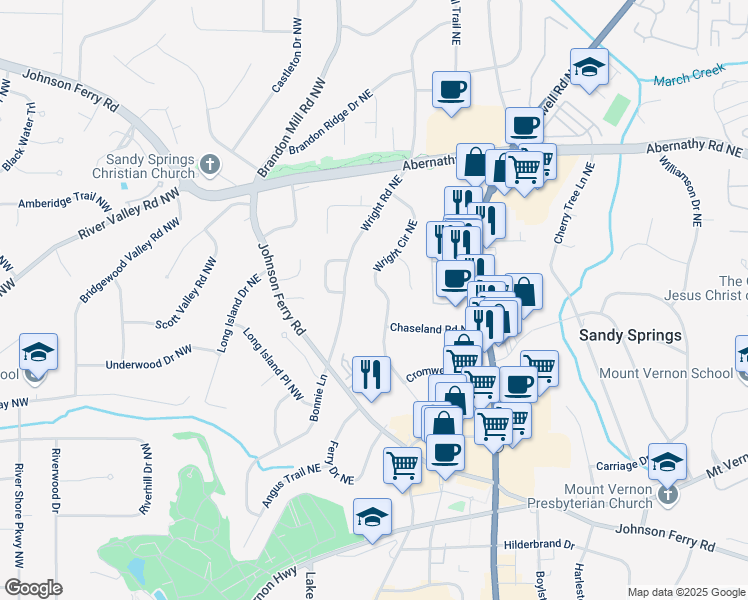 map of restaurants, bars, coffee shops, grocery stores, and more near 6470 Wright Circle Northeast in Atlanta