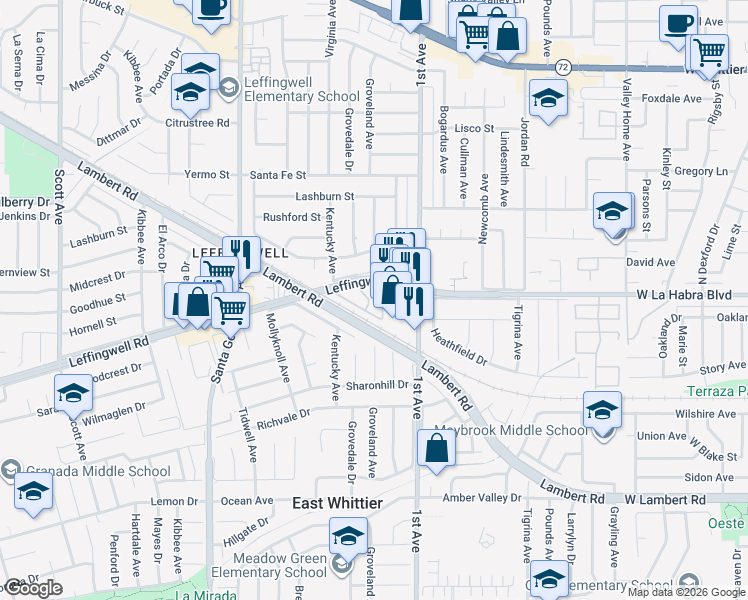 map of restaurants, bars, coffee shops, grocery stores, and more near 16040 Leffingwell Road in Whittier