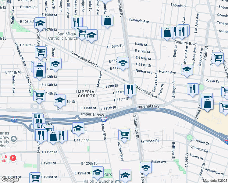 map of restaurants, bars, coffee shops, grocery stores, and more near 2457 East 114th Street in Los Angeles