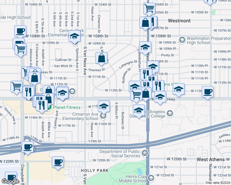 map of restaurants, bars, coffee shops, grocery stores, and more near 2002 West 112th Street in Los Angeles