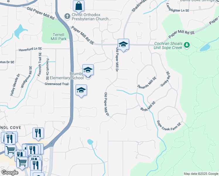 map of restaurants, bars, coffee shops, grocery stores, and more near 763 Old Paper Mill Drive in Marietta
