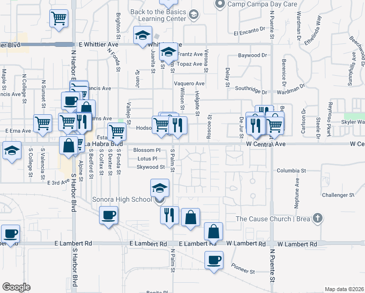 map of restaurants, bars, coffee shops, grocery stores, and more near 798 Archwood Avenue in Brea