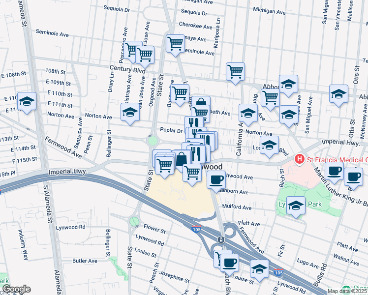map of restaurants, bars, coffee shops, grocery stores, and more near 3180 Los Flores Boulevard in Lynwood