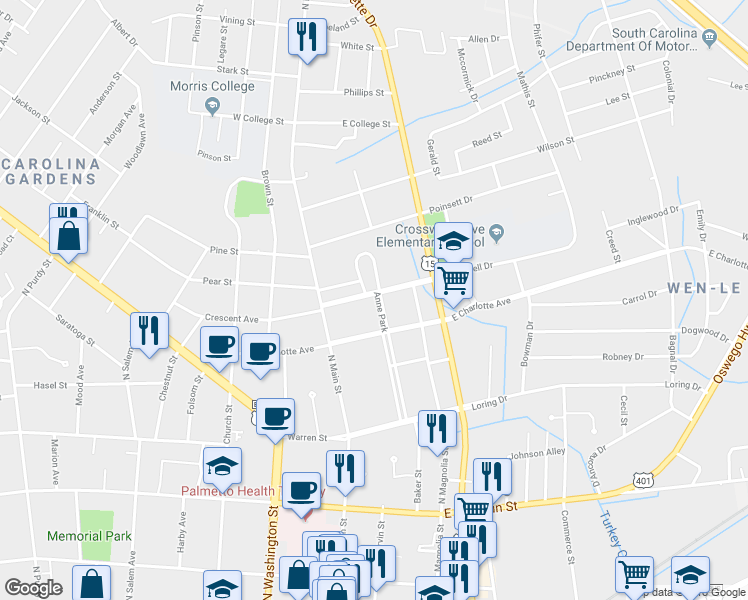 map of restaurants, bars, coffee shops, grocery stores, and more near 112 Anne Park in Sumter